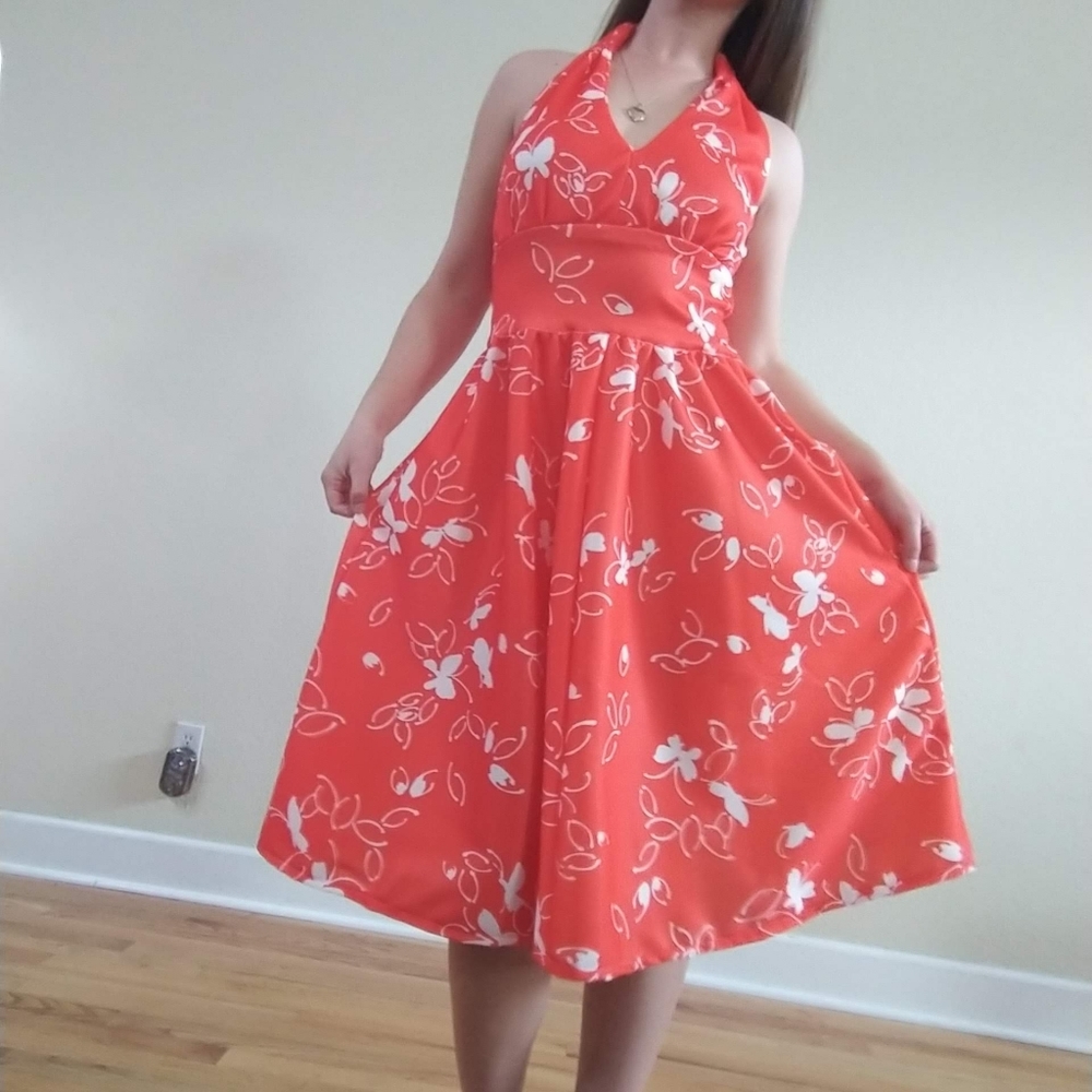 Handmade red and white halter dress made with vintage fabric, one of a kind